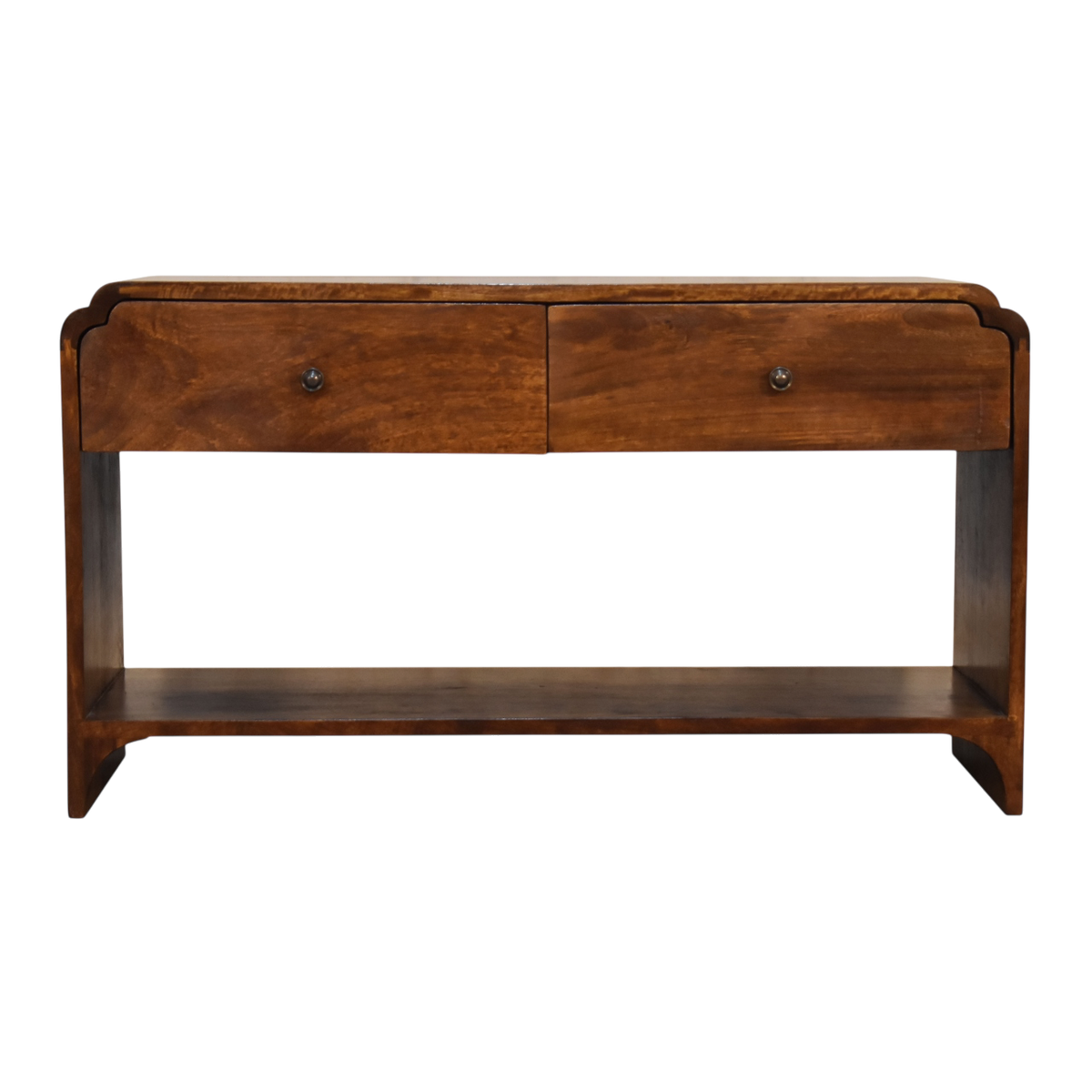 Ashford Low Console Table in Chestnut, front view. 100% solid hardwood in a chestnut finish, two drawers, brass knobs, open lower shelf.