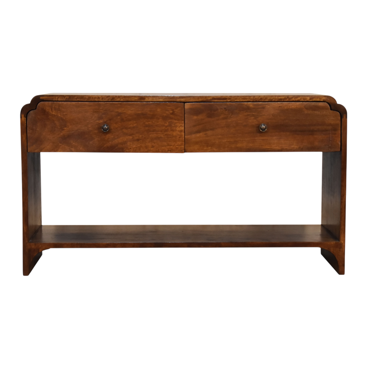 Ashford Low Console Table in Chestnut, front view. 100% solid hardwood in a chestnut finish, two drawers, brass knobs, open lower shelf.
