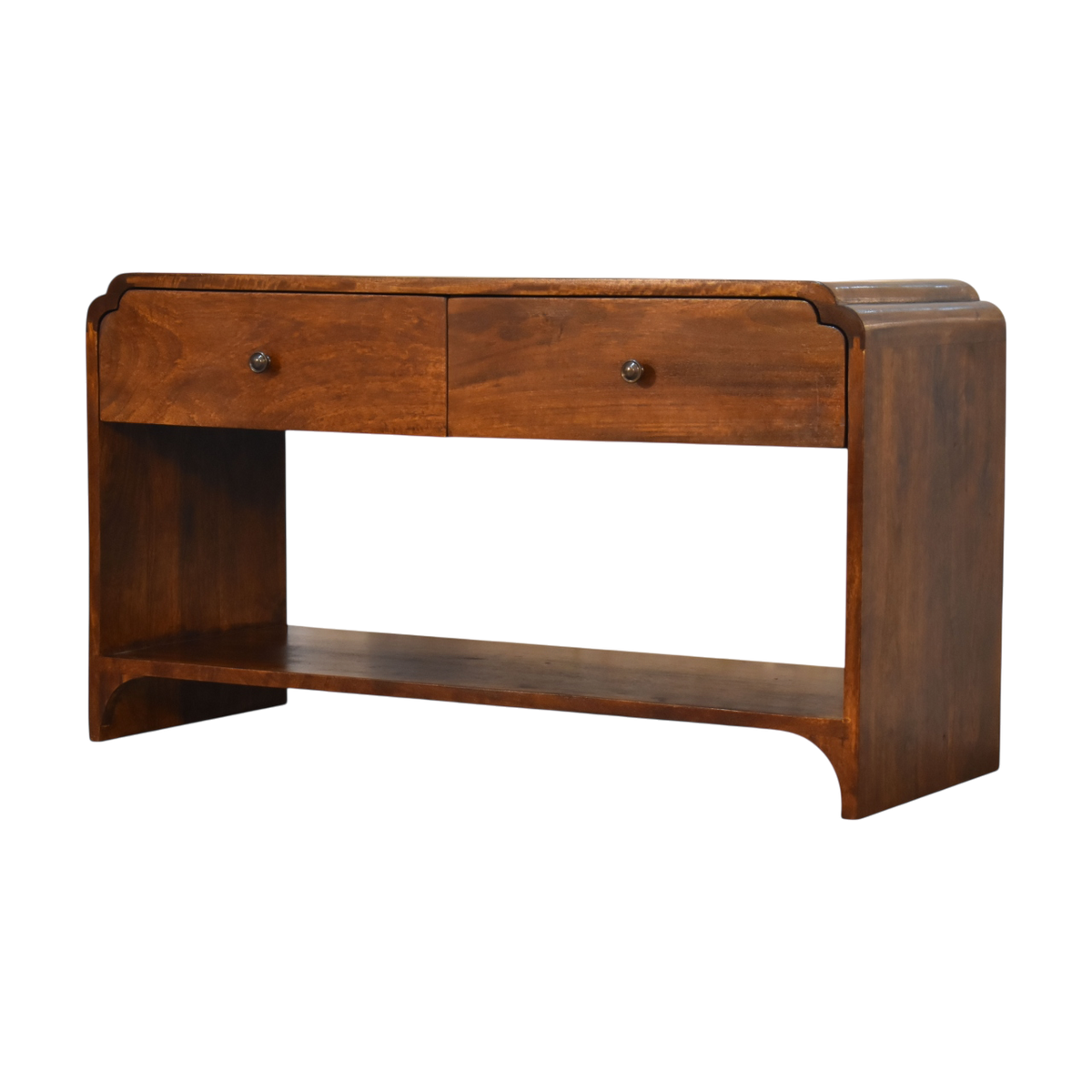 Ashford Low Console Table in Chestnut, three-quarter view showing the full profile.
