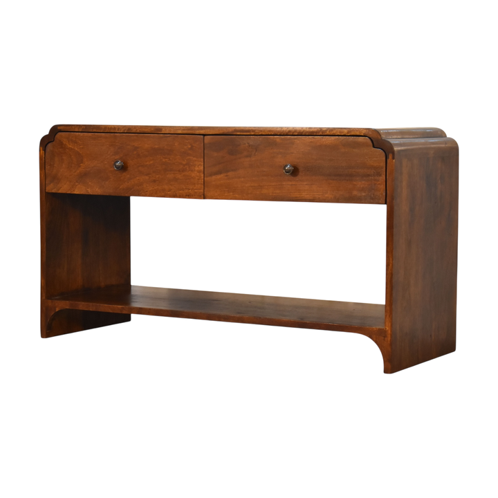 Ashford Low Console Table in Chestnut, three-quarter view showing the full profile.
