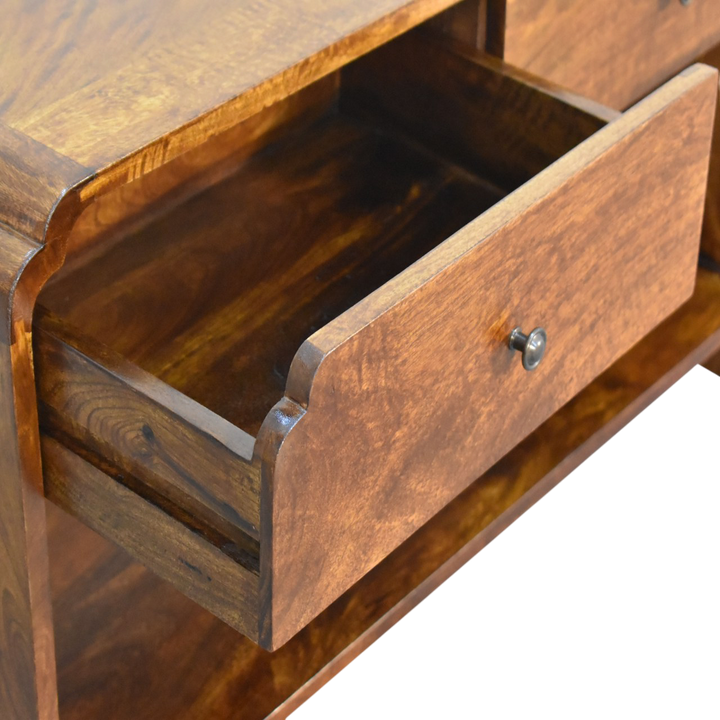 Ashford Low Console Table in Chestnut, shown with a drawer open.