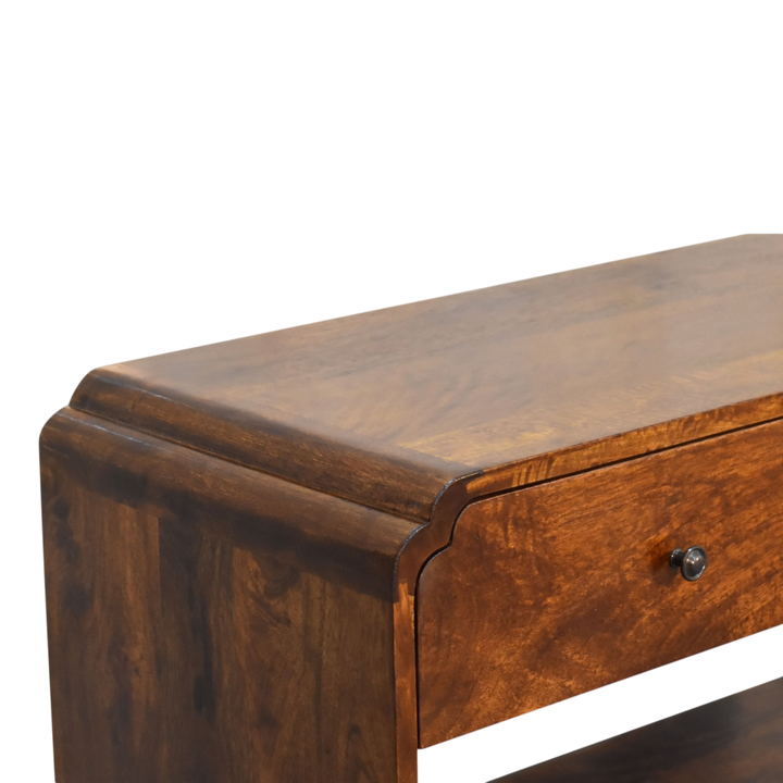 Close view of the top on the Ashford Low Console Table in Chestnut.