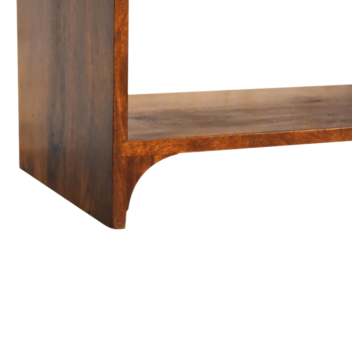 Close view of the edge on the Ashford Low Console Table in Chestnut.