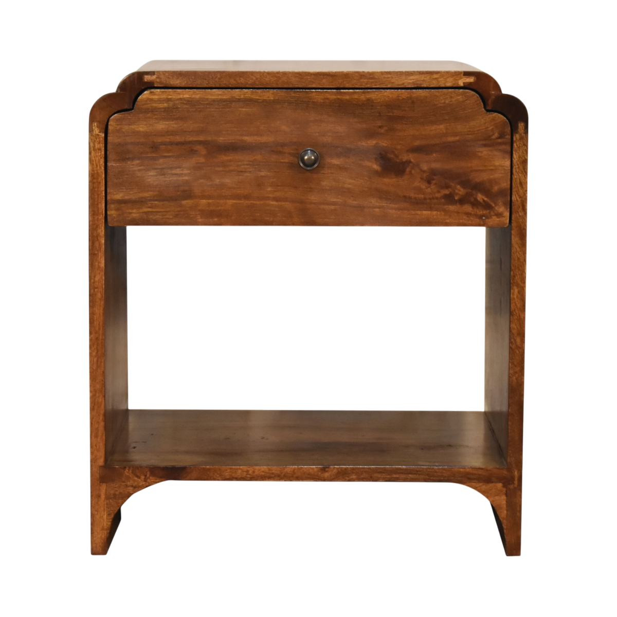 Ashford Open Bedside Table in Chestnut, front view. 100% solid hardwood in a chestnut finish, one deep drawer, brass knob, open shelf beneath.