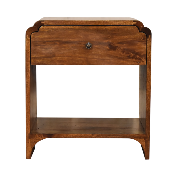 Ashford Open Bedside Table in Chestnut, front view. 100% solid hardwood in a chestnut finish, one deep drawer, brass knob, open shelf beneath.