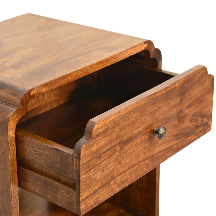 Ashford Open Bedside Table in Chestnut, shown with a drawer open.