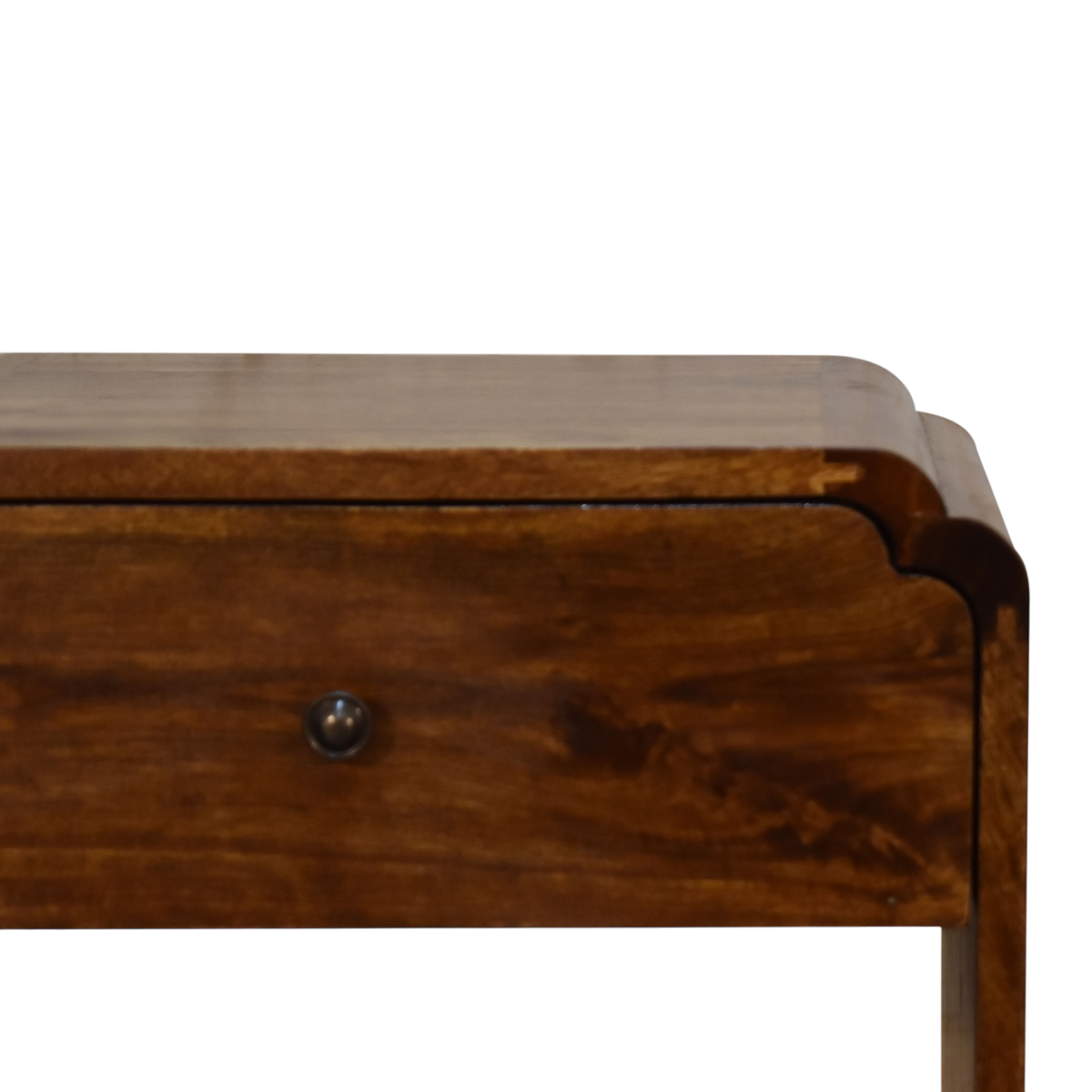 Close view of the edge on the Ashford Open Bedside Table in Chestnut.
