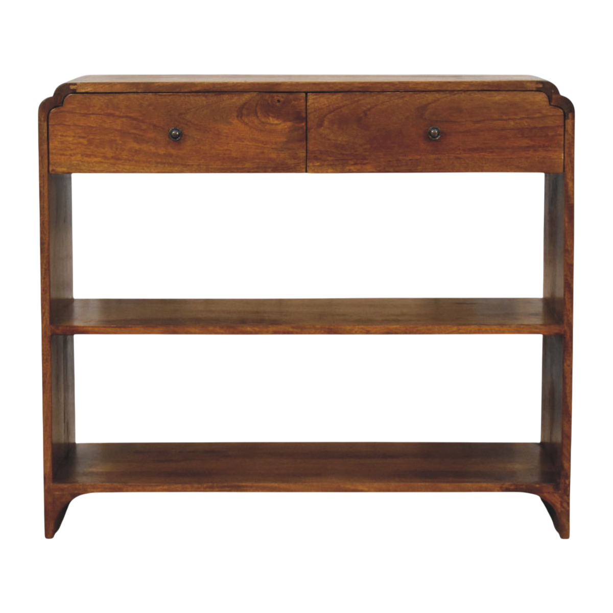 Ashford Open Console Table in Chestnut, front view. 100% solid hardwood in a chestnut finish, two drawers, brass knobs, two open lower shelves, curved edges.