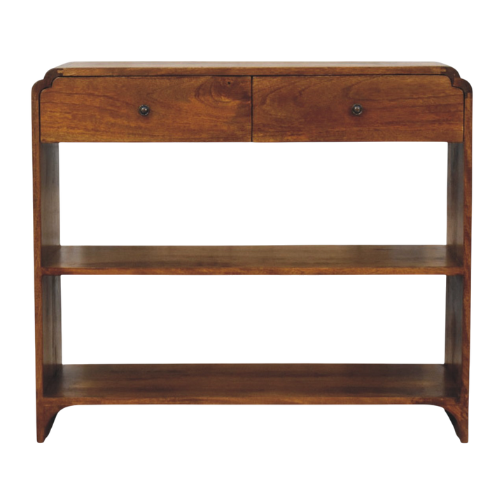 Ashford Open Console Table in Chestnut, front view. 100% solid hardwood in a chestnut finish, two drawers, brass knobs, two open lower shelves, curved edges.