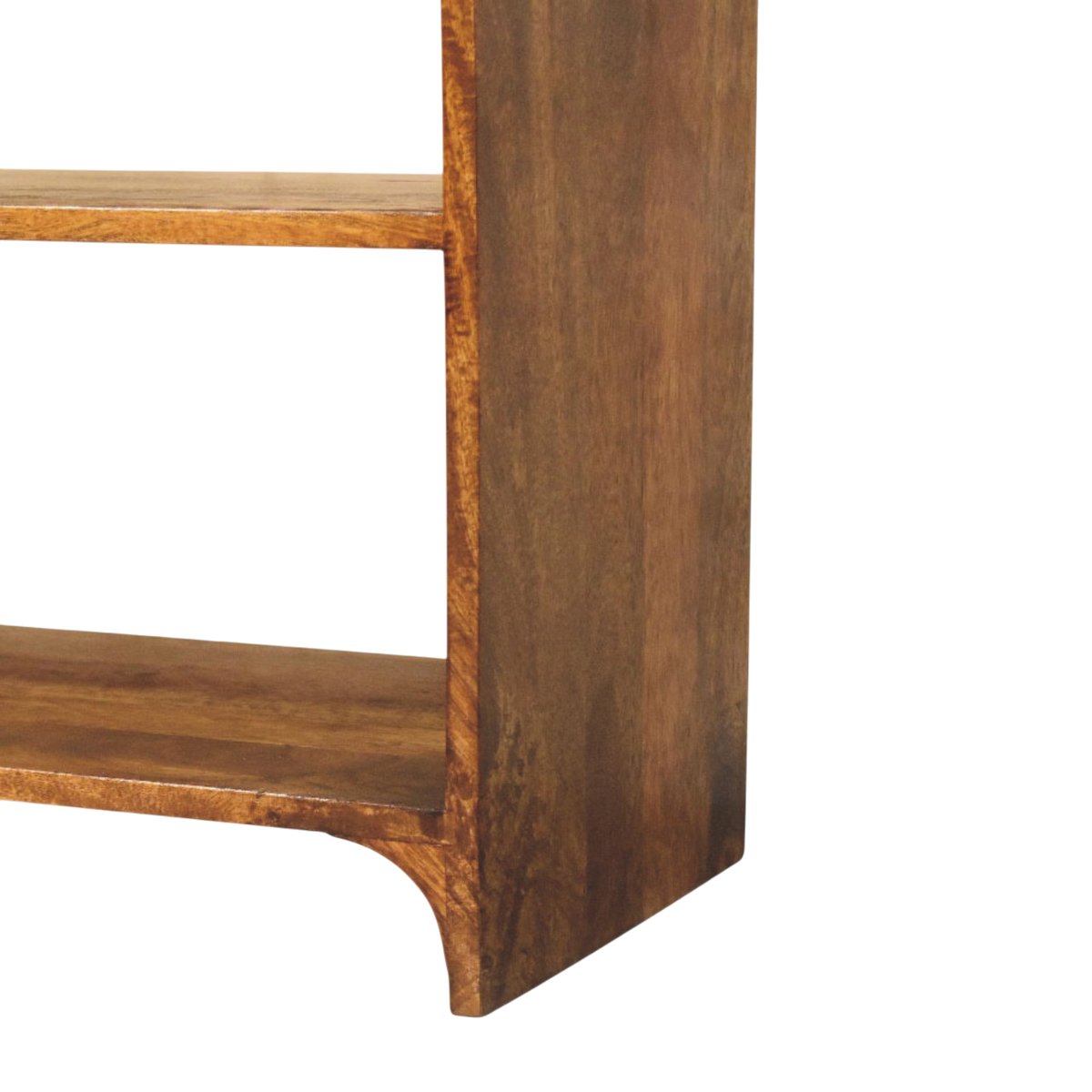 Close view of the shelf on the Ashford Open Console Table in Chestnut.