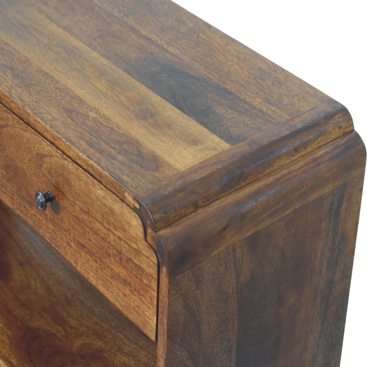 Close view of the top on the Ashford Open Console Table in Chestnut.