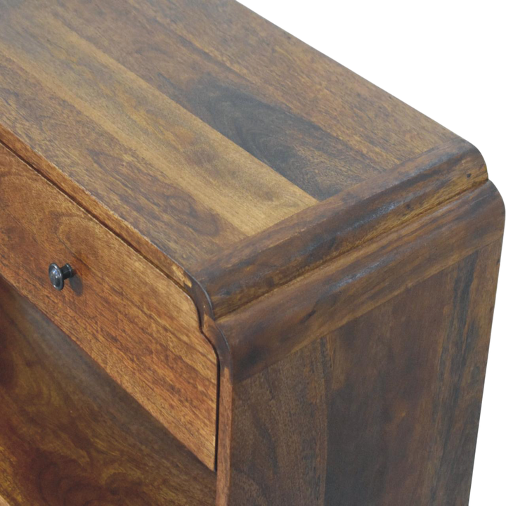 Close view of the top on the Ashford Open Console Table in Chestnut.