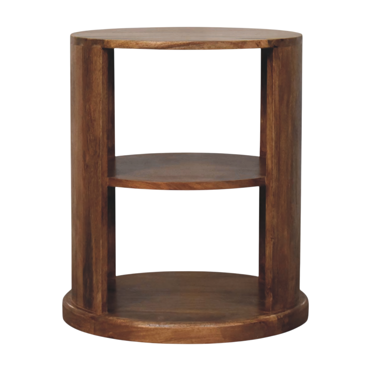 Ashford Open Round Side Table in Amber, front view. Solid hardwood throughout, amber finish, cylindrical outline drawn in curved open framework.