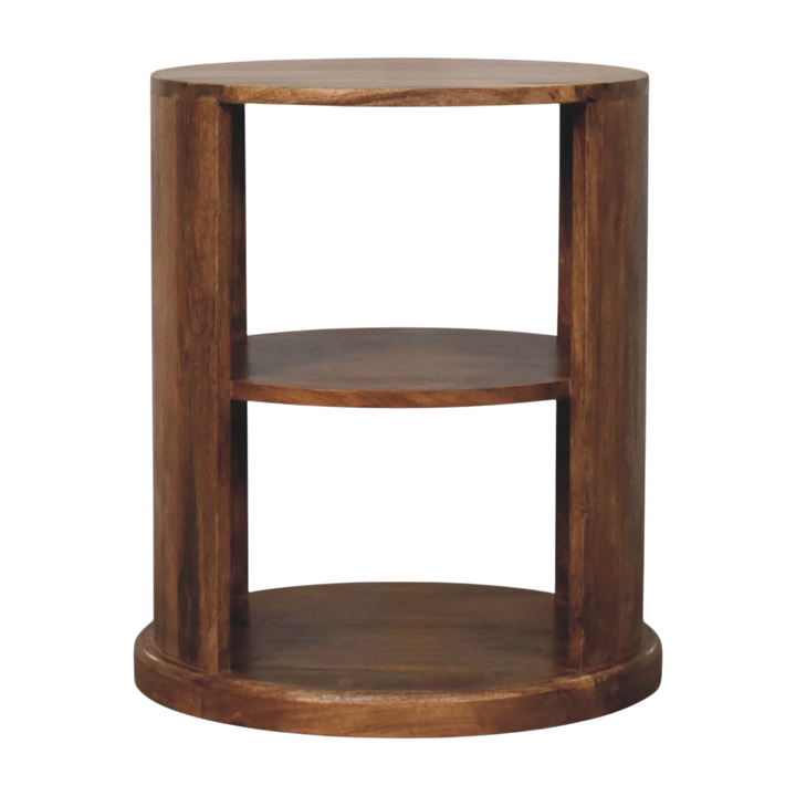 Ashford Open Round Side Table in Amber, front view. Solid hardwood throughout, amber finish, cylindrical outline drawn in curved open framework.