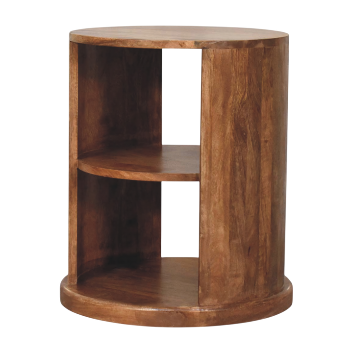 Ashford Open Round Side Table in Amber, three-quarter view from the opposite side.