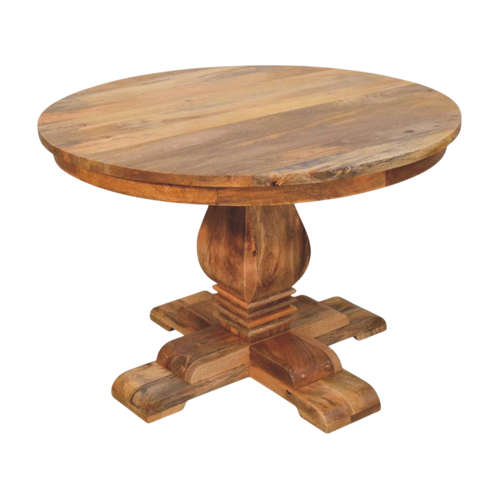 Ashford Round Pedestal Table in Amber, three-quarter view showing the full profile.