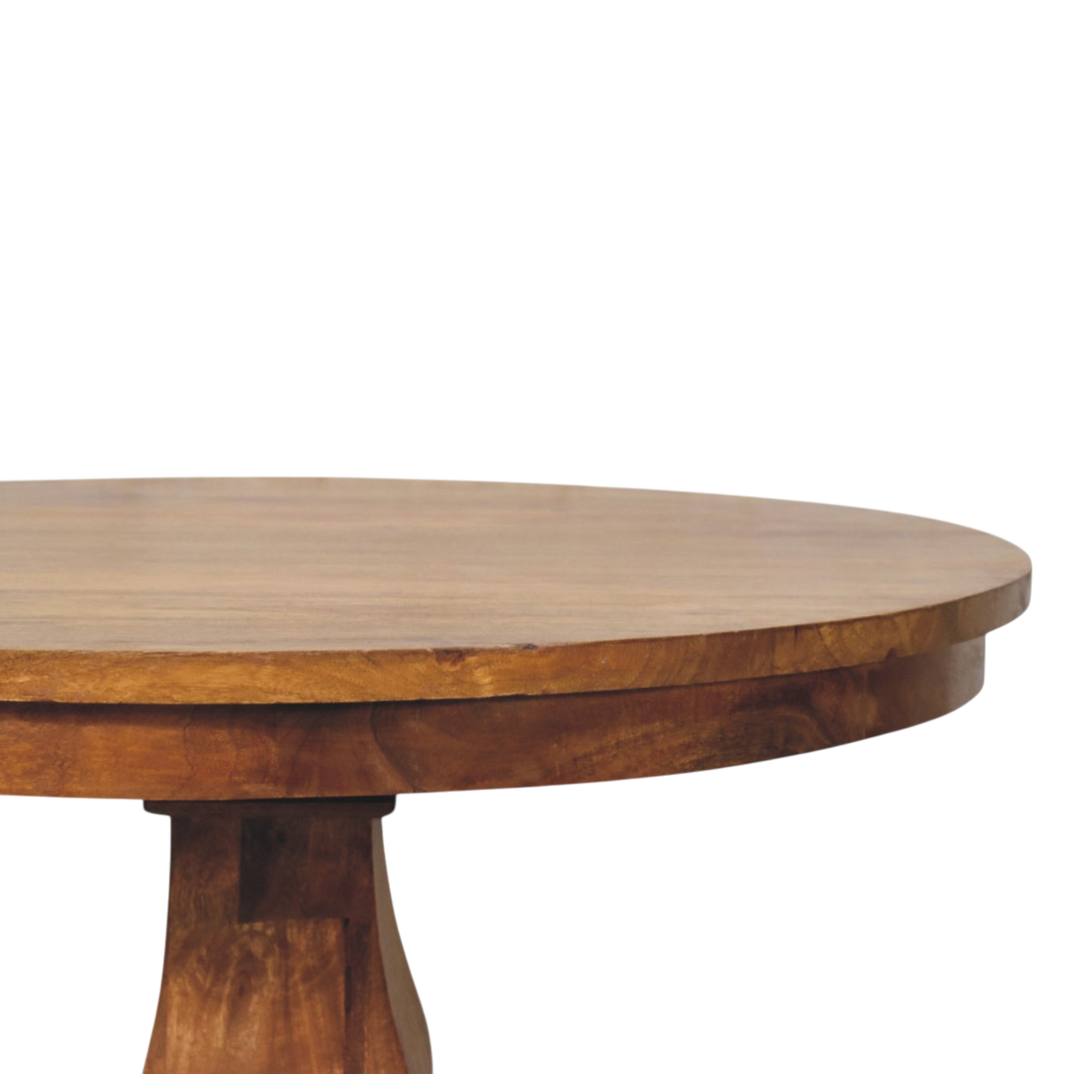 Ashford Round Pedestal Table in Chestnut, three-quarter view showing the full profile.