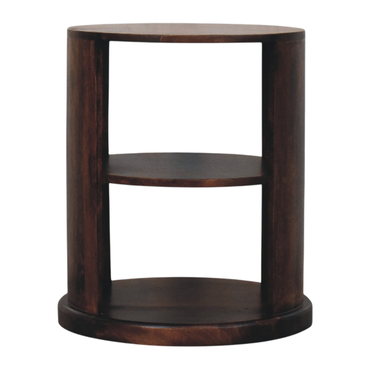 Ashford Round Side Table in Chestnut, front view. Solid hardwood throughout, chestnut finish, circular form pared back to two open shelves.