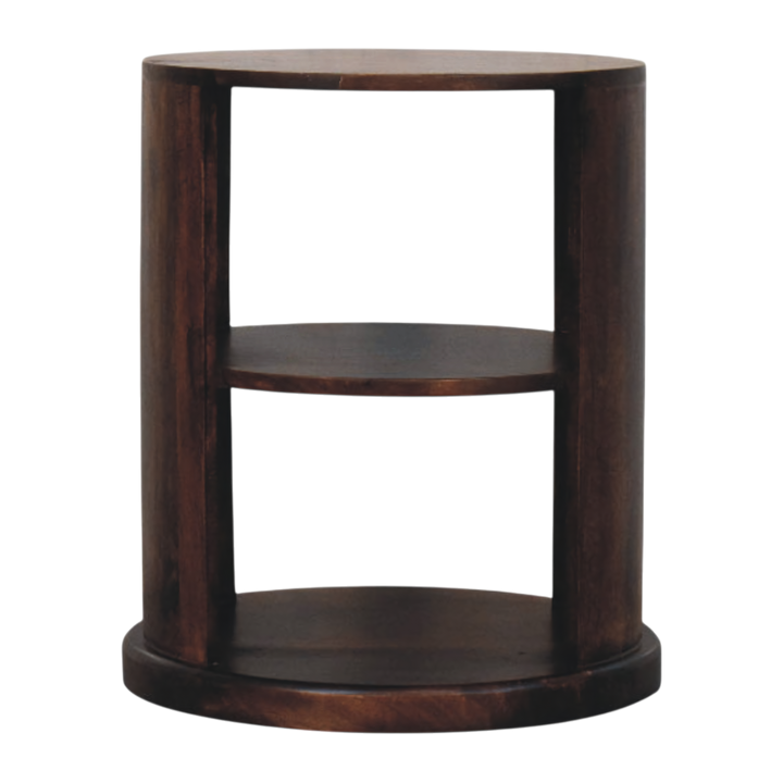 Ashford Round Side Table in Chestnut, front view. Solid hardwood throughout, chestnut finish, circular form pared back to two open shelves.