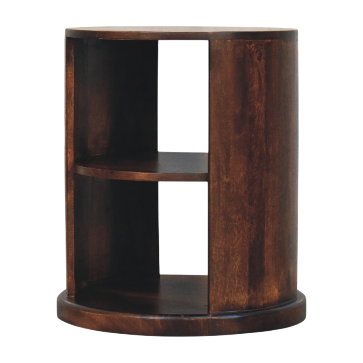 Ashford Round Side Table in Chestnut, three-quarter view showing the full profile.