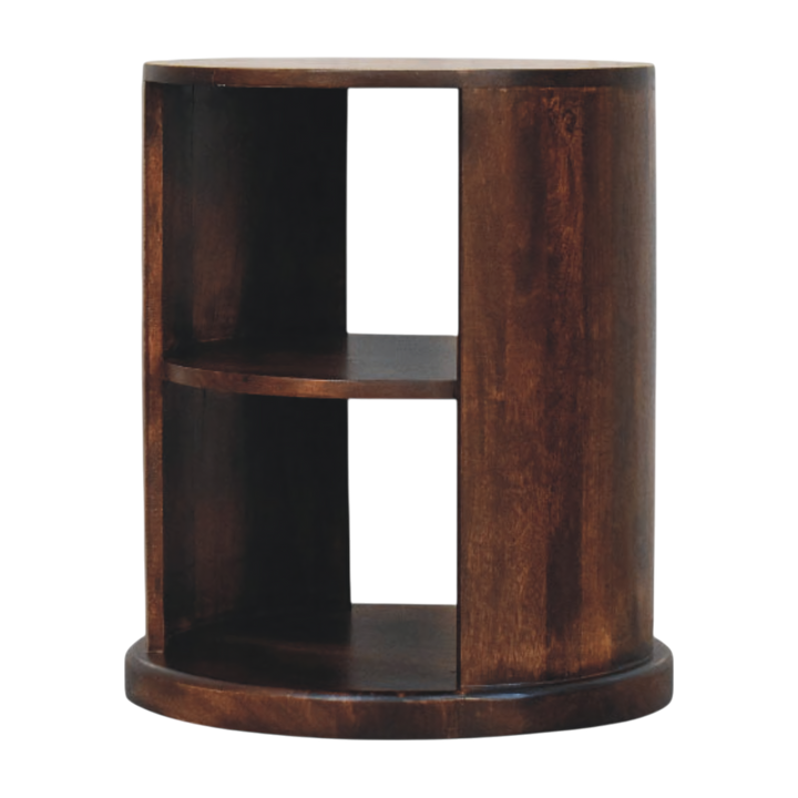Ashford Round Side Table in Chestnut, three-quarter view showing the full profile.