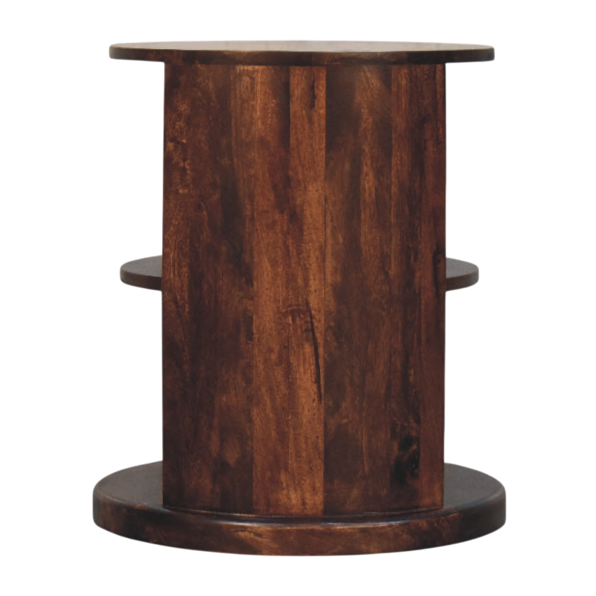 Ashford Round Side Table in Chestnut, side view showing the depth.