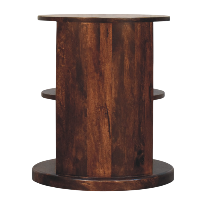 Ashford Round Side Table in Chestnut, side view showing the depth.