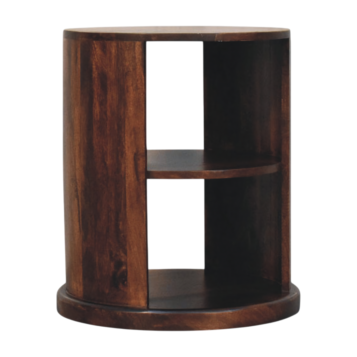 Ashford Round Side Table in Chestnut, three-quarter view from the opposite side.