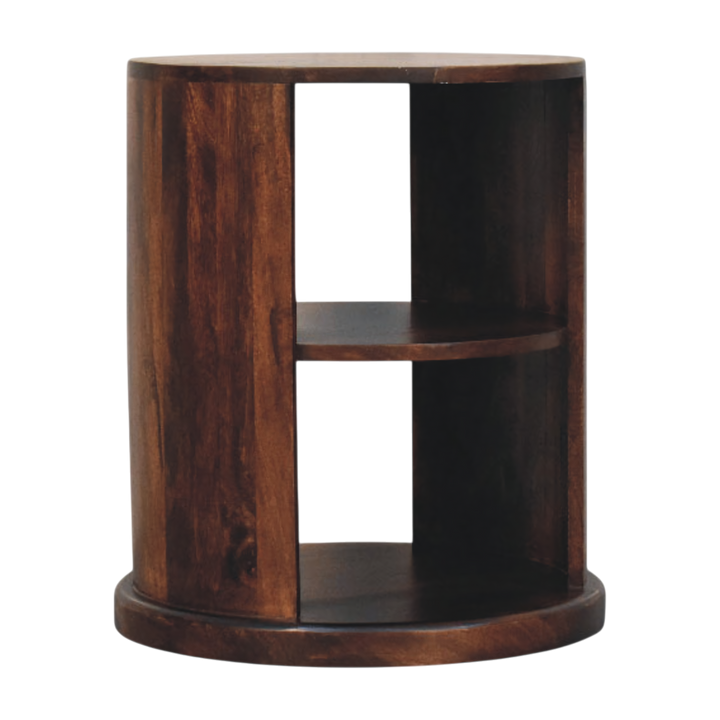 Ashford Round Side Table in Chestnut, three-quarter view from the opposite side.