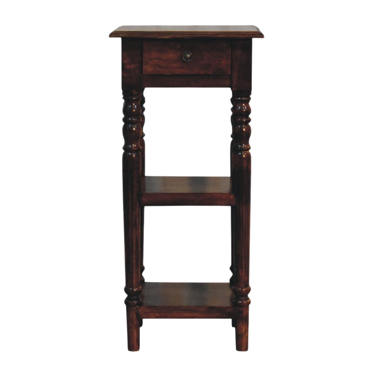 Ashford Tall Side Table in Chestnut, front view. 100% solid hardwood in a chestnut finish, one drawer, small knob, two open shelves, turned legs.