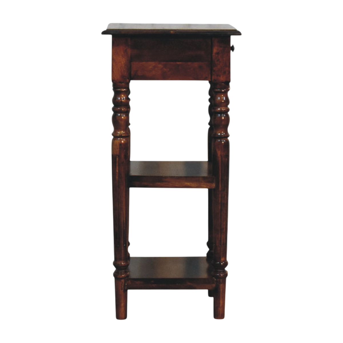 Ashford Tall Side Table in Chestnut, side view showing the depth.