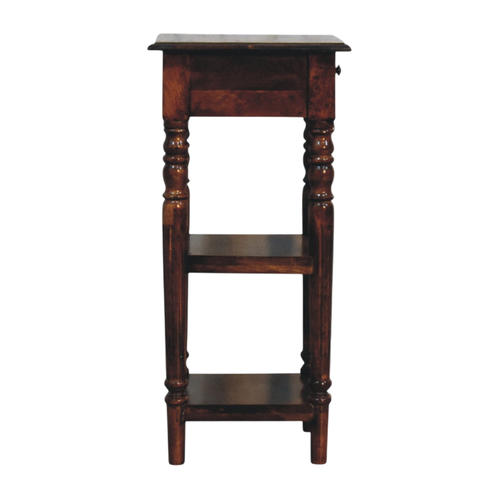 Ashford Tall Side Table in Chestnut, side view showing the depth.