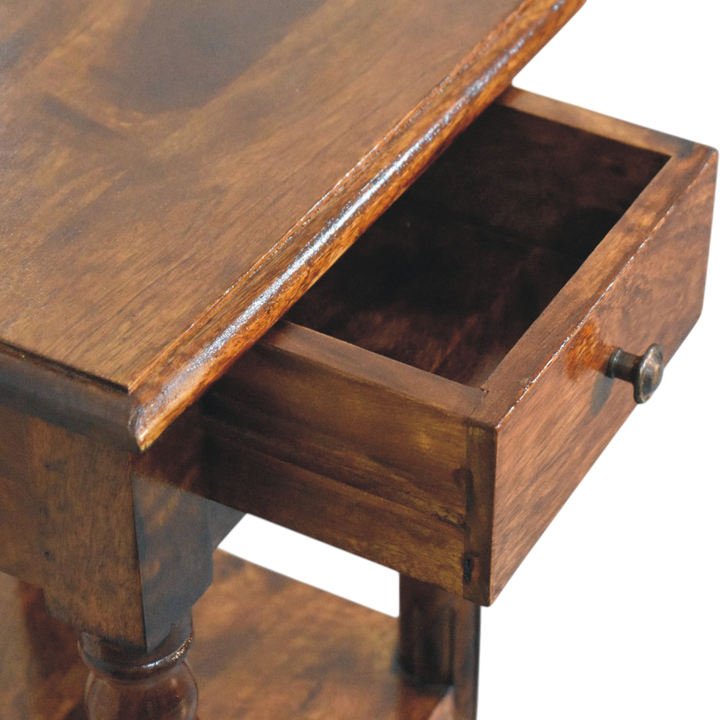 Ashford Tall Side Table in Chestnut, shown with a drawer open.