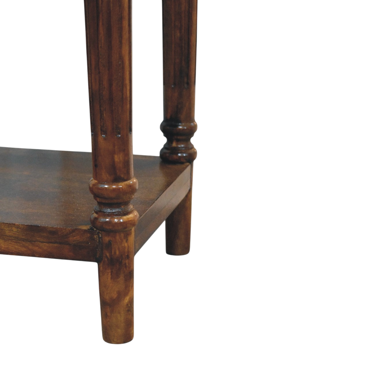 Close view of the legs on the Ashford Tall Side Table in Chestnut.