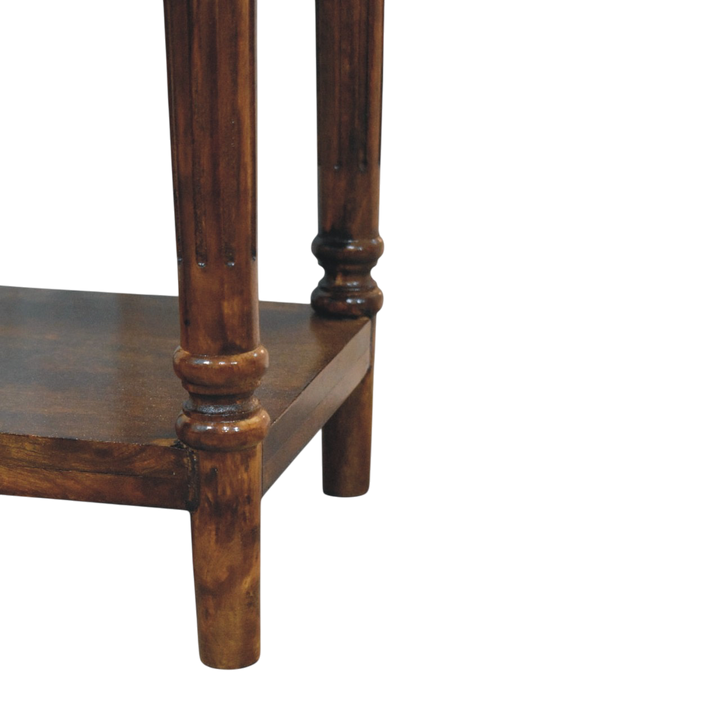 Close view of the legs on the Ashford Tall Side Table in Chestnut.