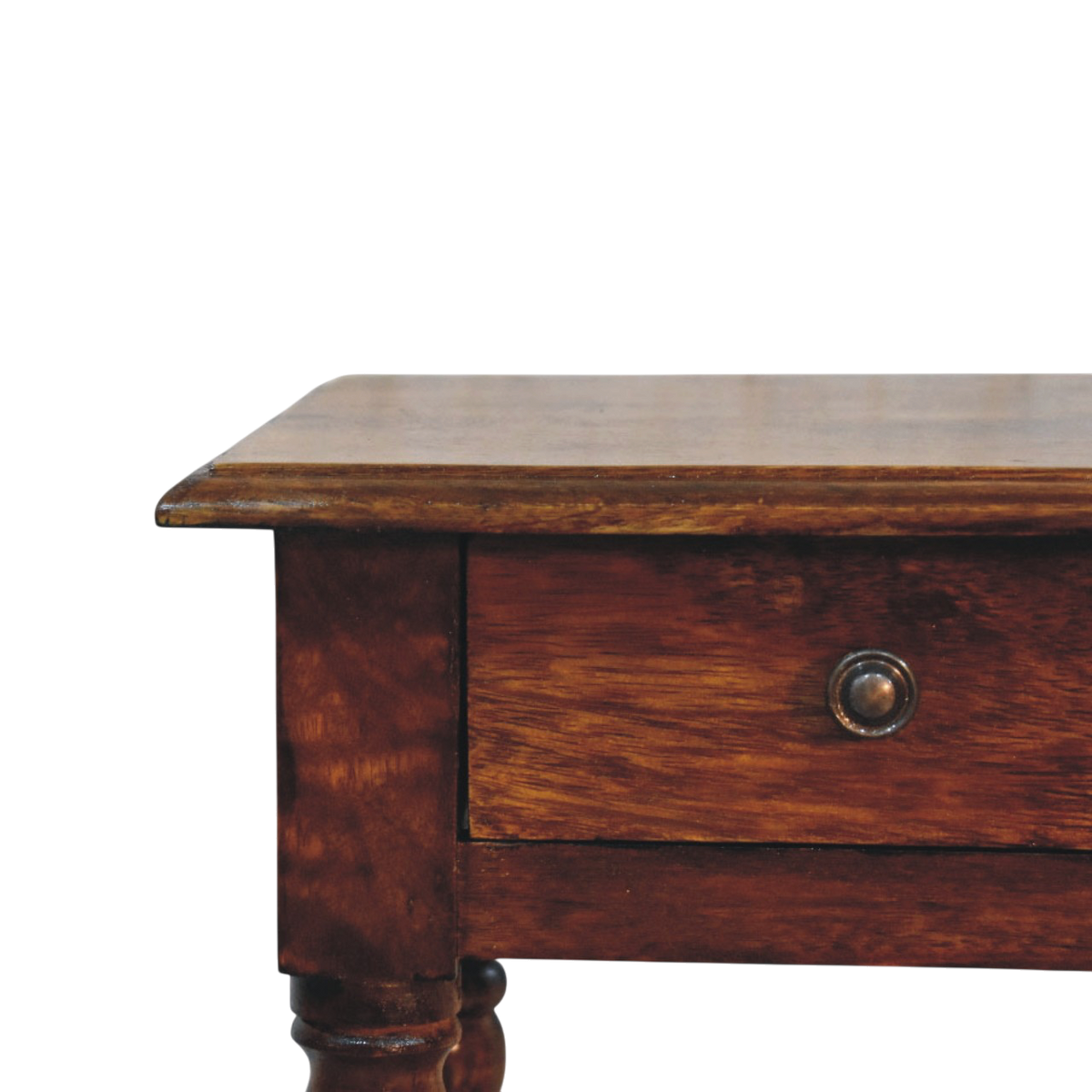Close view of the knobs on the Ashford Tall Side Table in Chestnut.