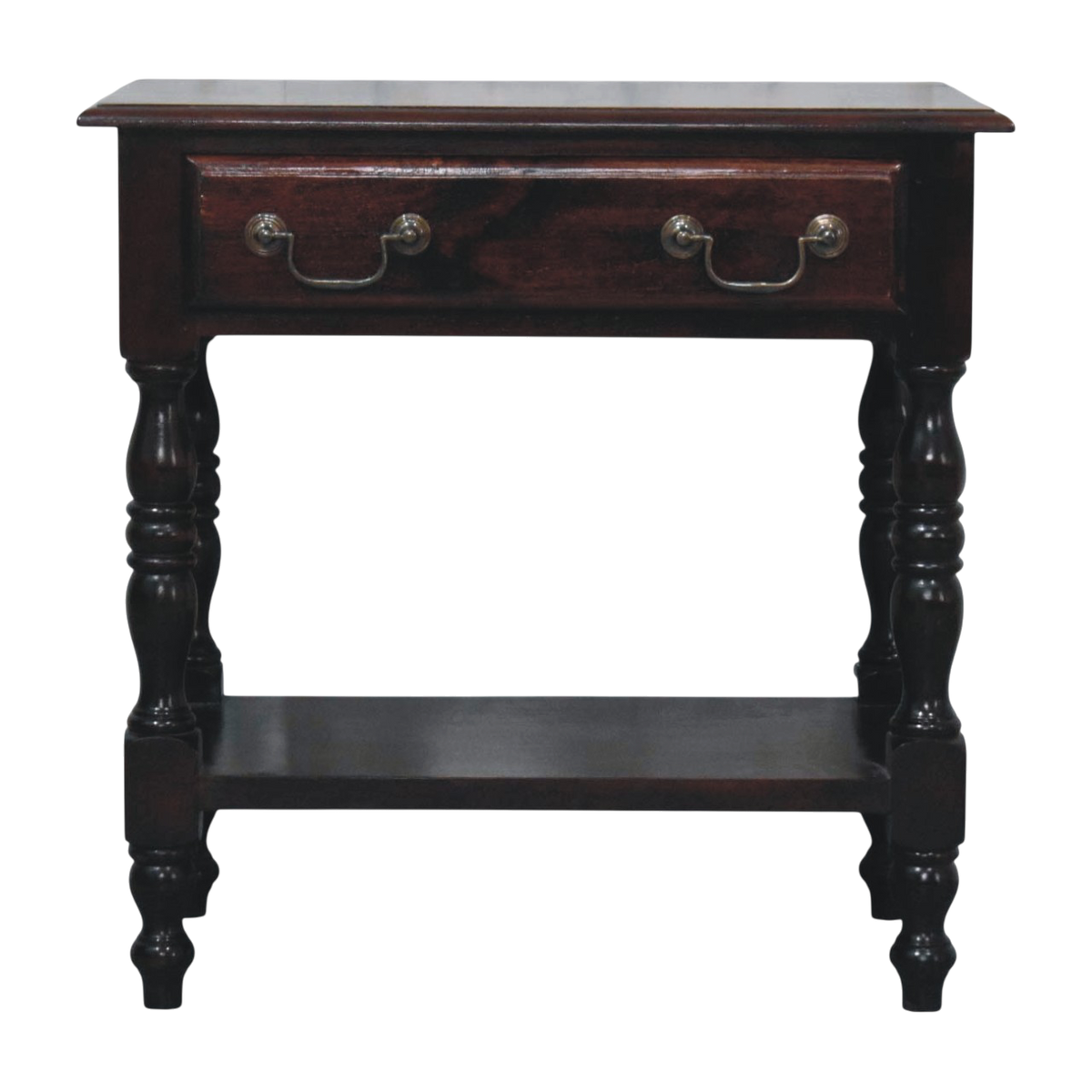 Ashford Turned-Leg Side Table in Claret, front view. 100% solid hardwood in a deep claret finish, one drawer, antique brass handles, open lower shelf, turned legs.