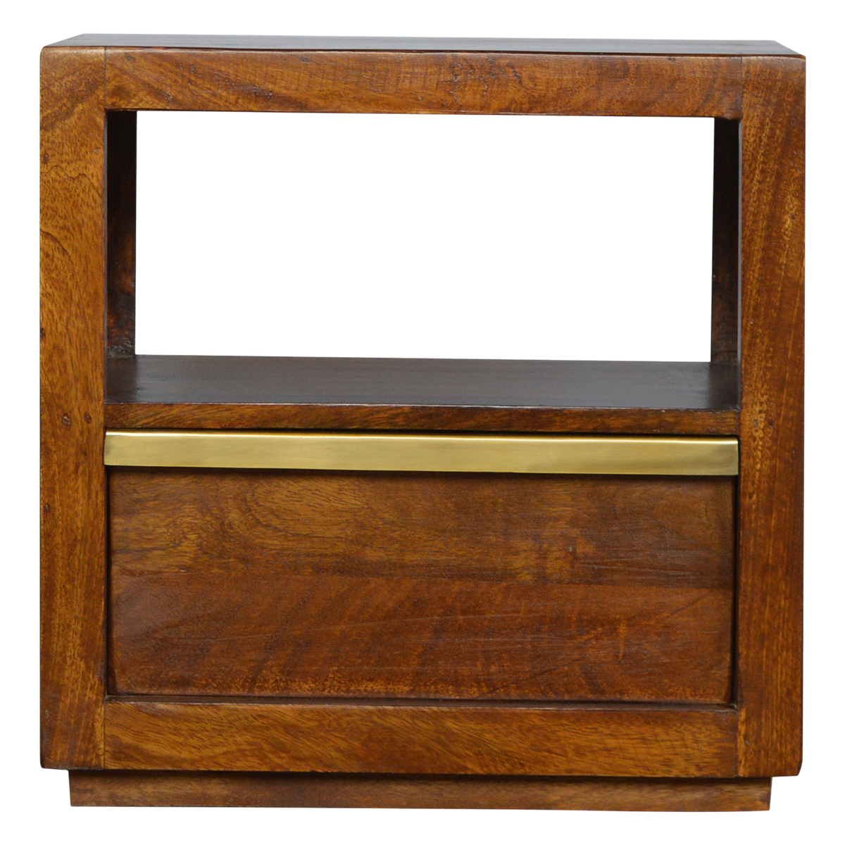 Belgrave Bedside Table in Chestnut, front view. 100% solid hardwood in a chestnut finish, one open slot above one drawer, long brass bar handle, square edges.