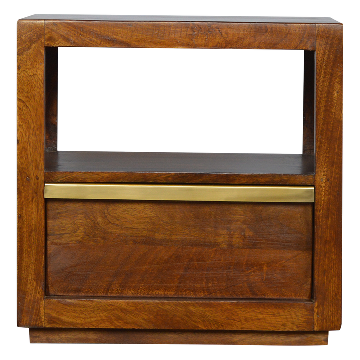 Belgrave Bedside Table in Chestnut, front view. 100% solid hardwood in a chestnut finish, one open slot above one drawer, long brass bar handle, square edges.