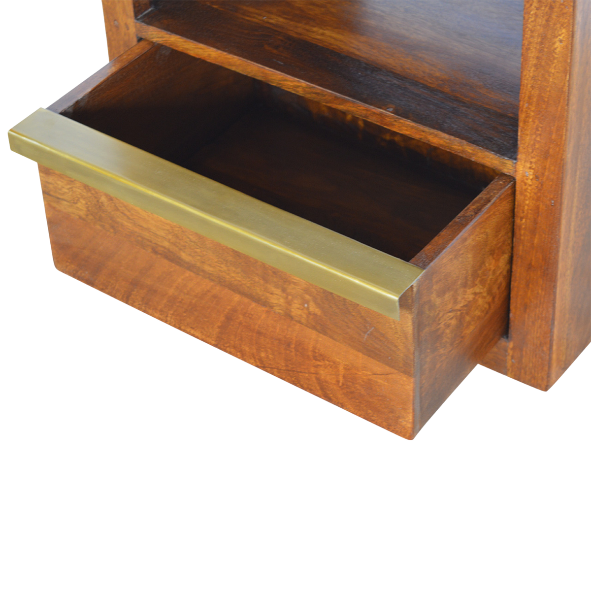 Belgrave Bedside Table in Chestnut, shown with a drawer open.