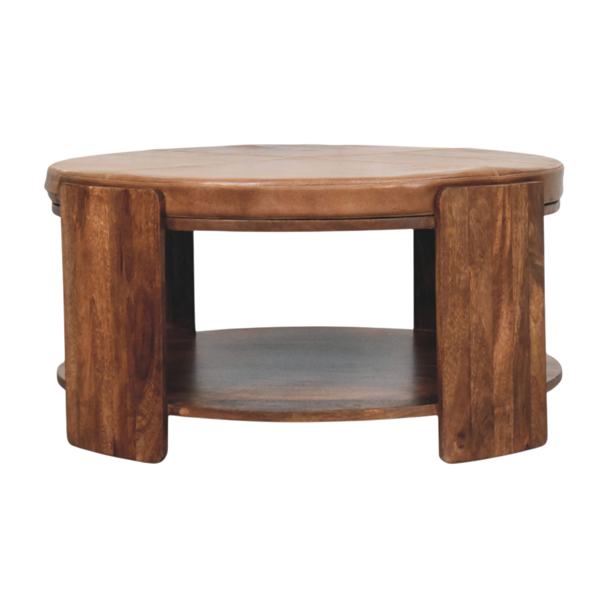 Belgrave Leather Coffee Table in Almond with Tobacco Leather, front view. Tobacco leather upholstered top over a solid hardwood frame in almond, four broad flat uprights.