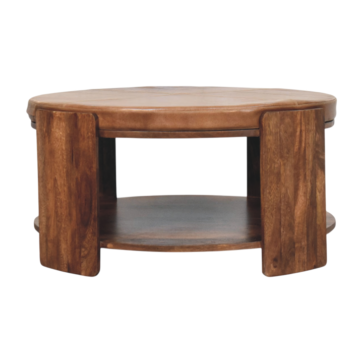 Belgrave Leather Coffee Table in Almond with Tobacco Leather, front view. Tobacco leather upholstered top over a solid hardwood frame in almond, four broad flat uprights.