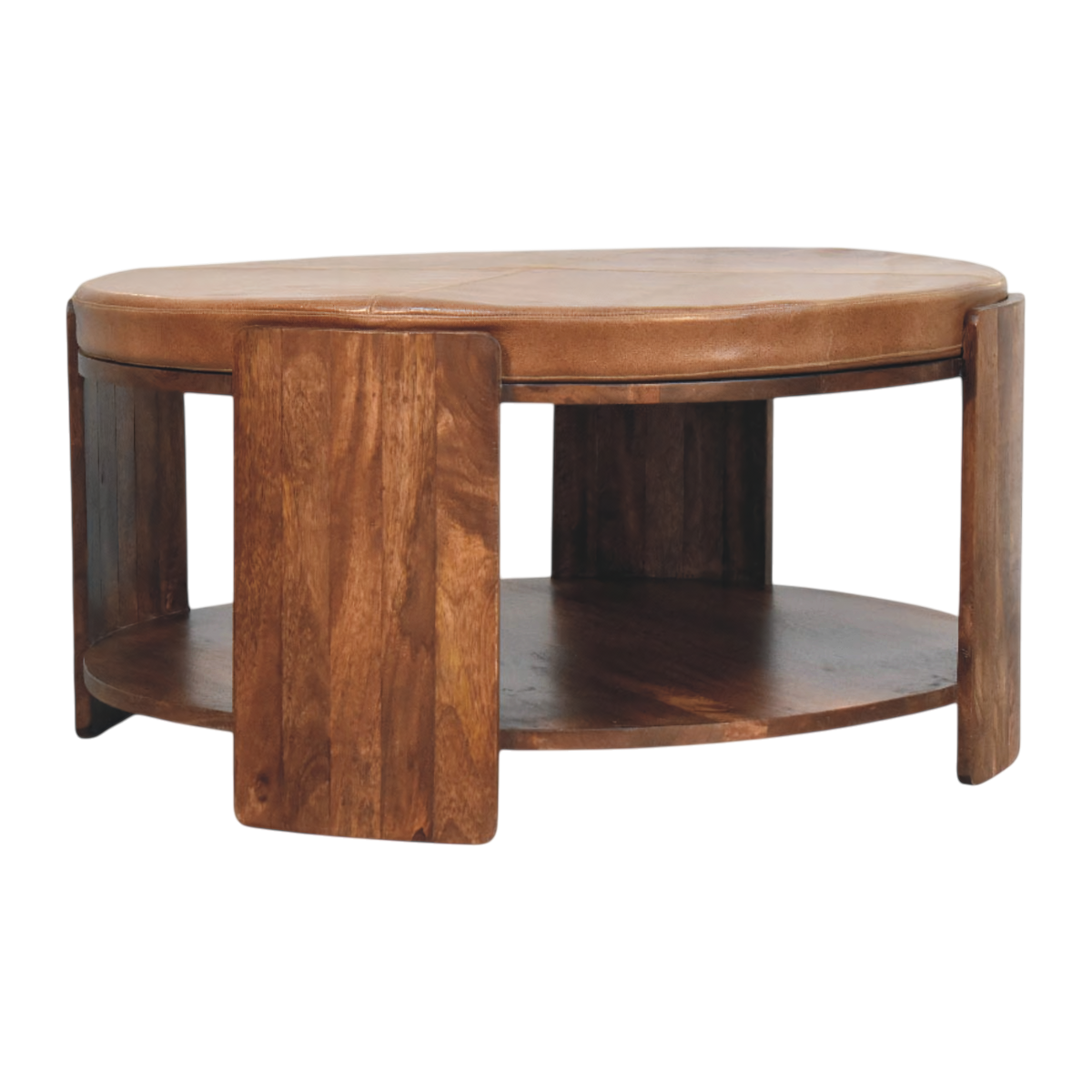 Belgrave Leather Coffee Table in Almond with Tobacco Leather, three-quarter view showing the full profile.