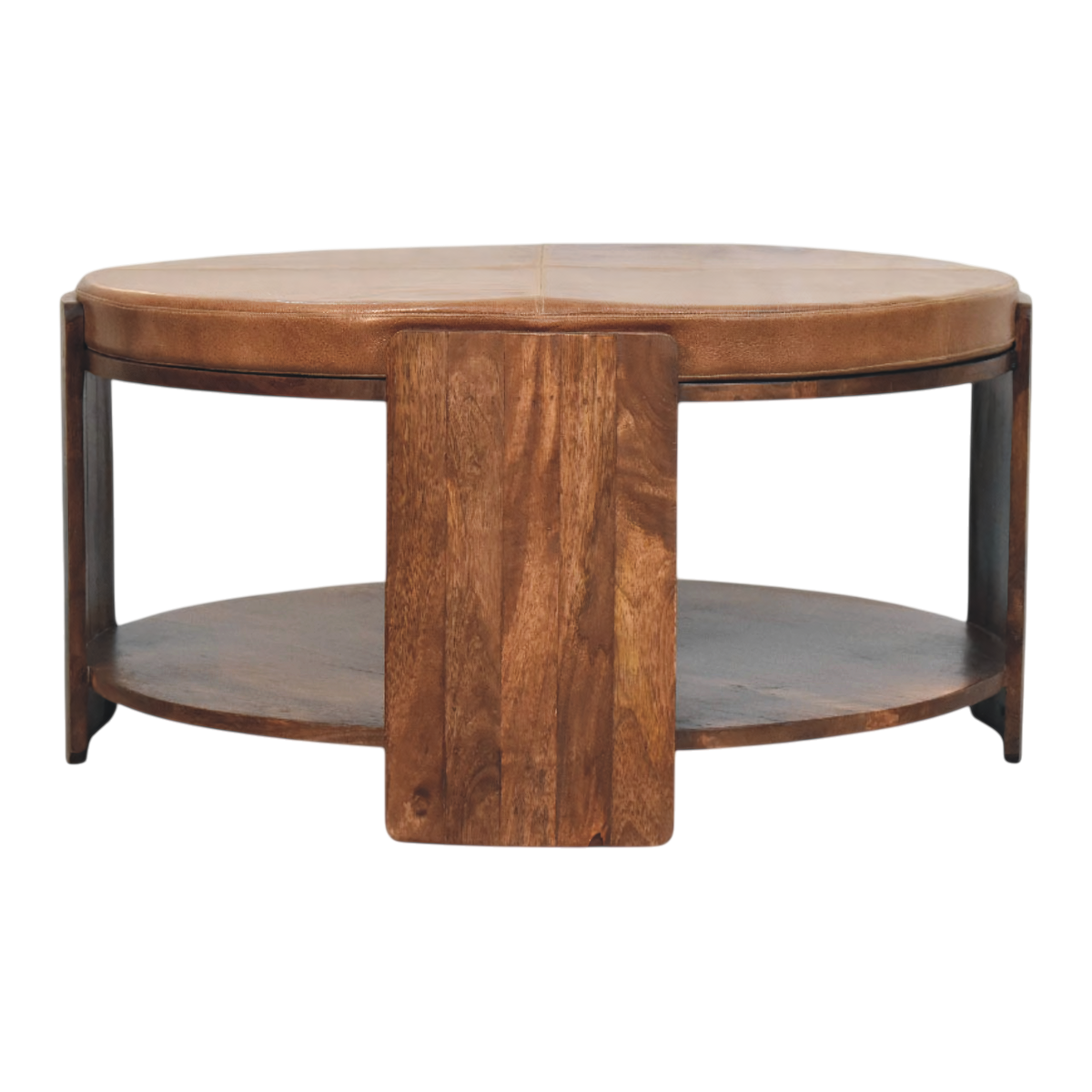 Belgrave Leather Coffee Table in Almond with Tobacco Leather, side view showing the depth.