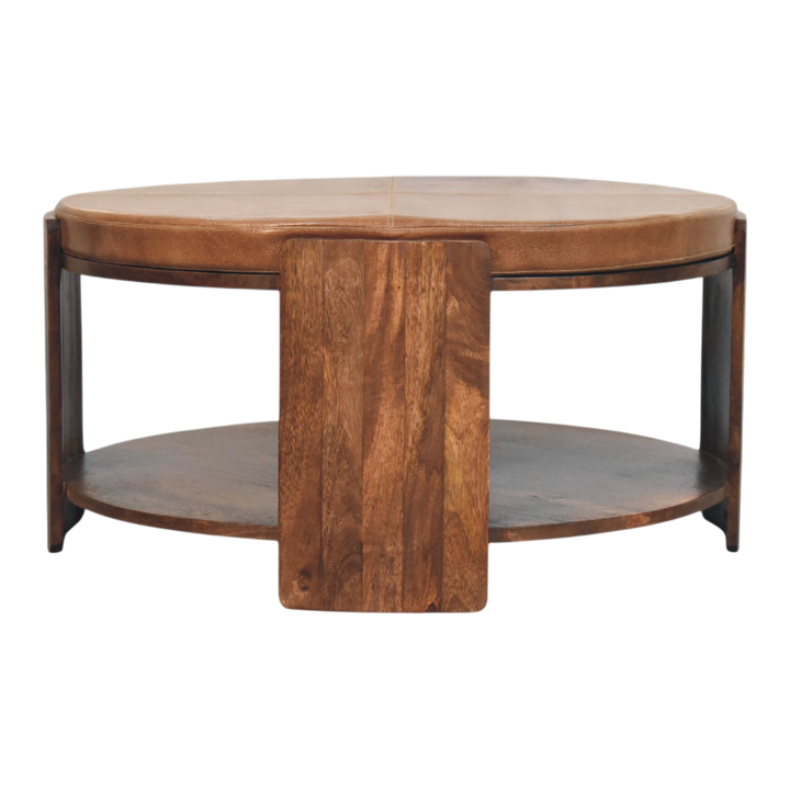 Belgrave Leather Coffee Table in Almond with Tobacco Leather, side view showing the depth.