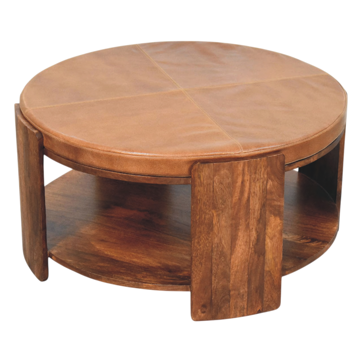 Belgrave Leather Coffee Table in Almond with Tobacco Leather, shown from above.