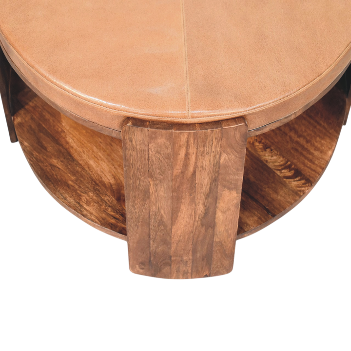 Close view of the top on the Belgrave Leather Coffee Table in Almond with Tobacco Leather.