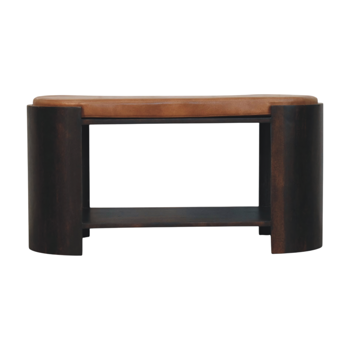 Belgrave Shoe Bench in Espresso with Caramel Leather, front view. Solid hardwood in an espresso finish, side panels gently curved.