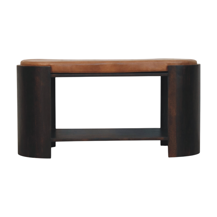Belgrave Shoe Bench in Espresso with Caramel Leather, front view. Solid hardwood in an espresso finish, side panels gently curved.