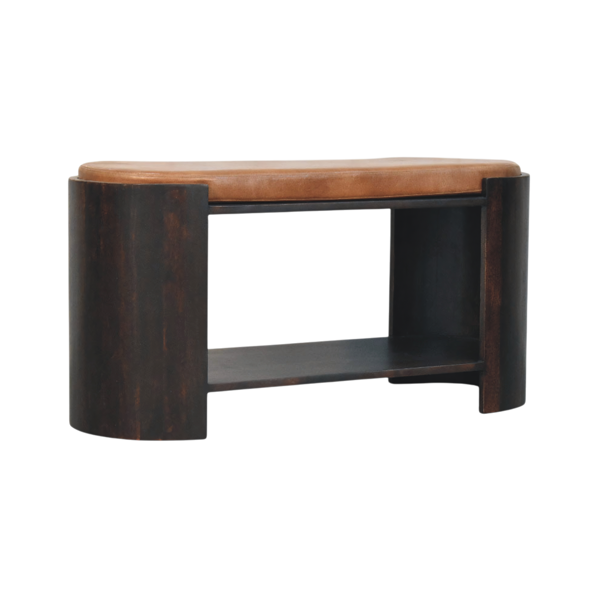 Belgrave Shoe Bench in Espresso with Caramel Leather, three-quarter view showing the full profile.